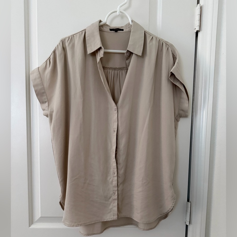 Quince Relaxed Short Sleeve Button-Down Blouse in Beige